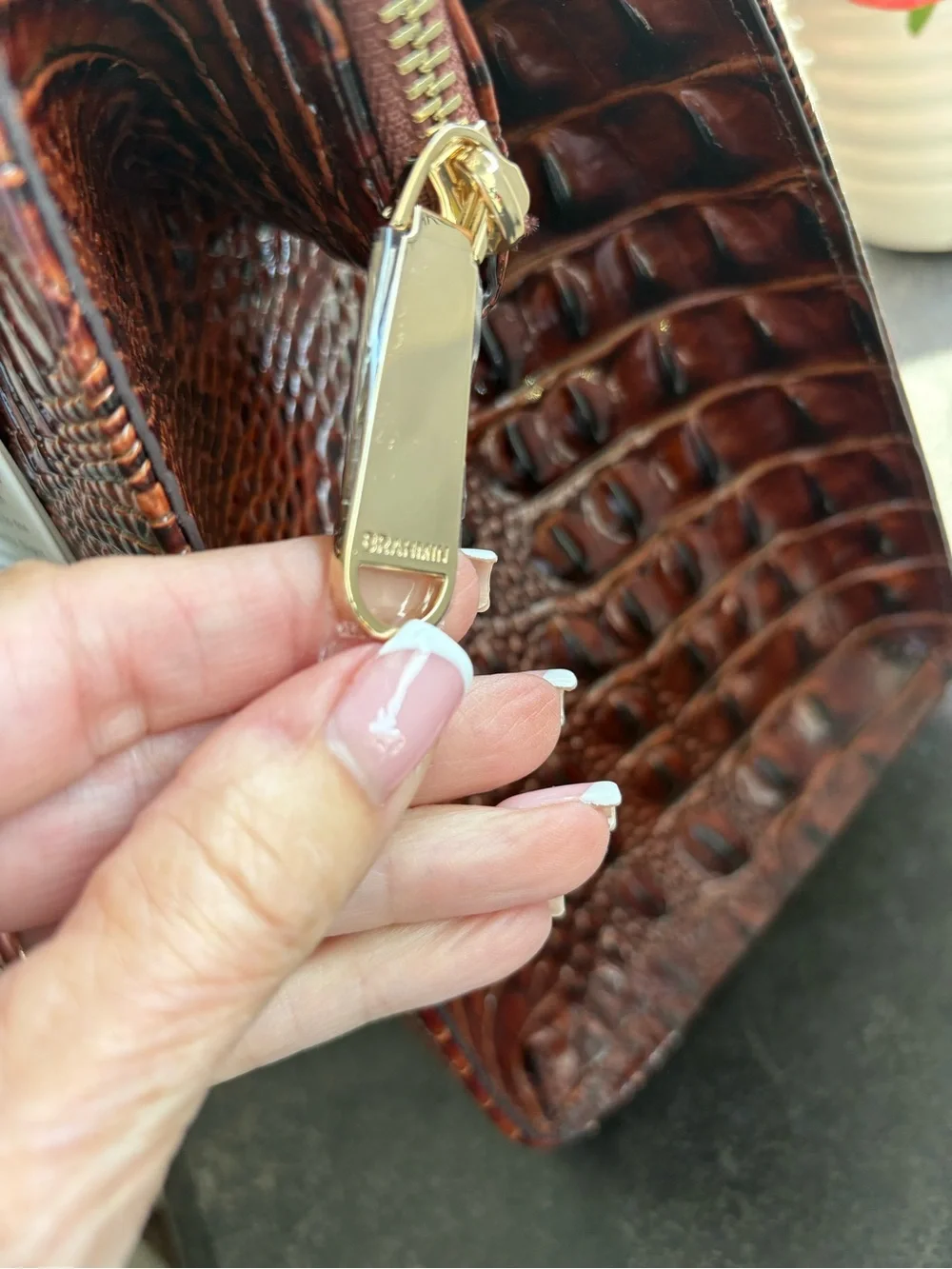 Brahmin Taupe Satchel with Brown Croc Trim and Green & Pink Embroidery